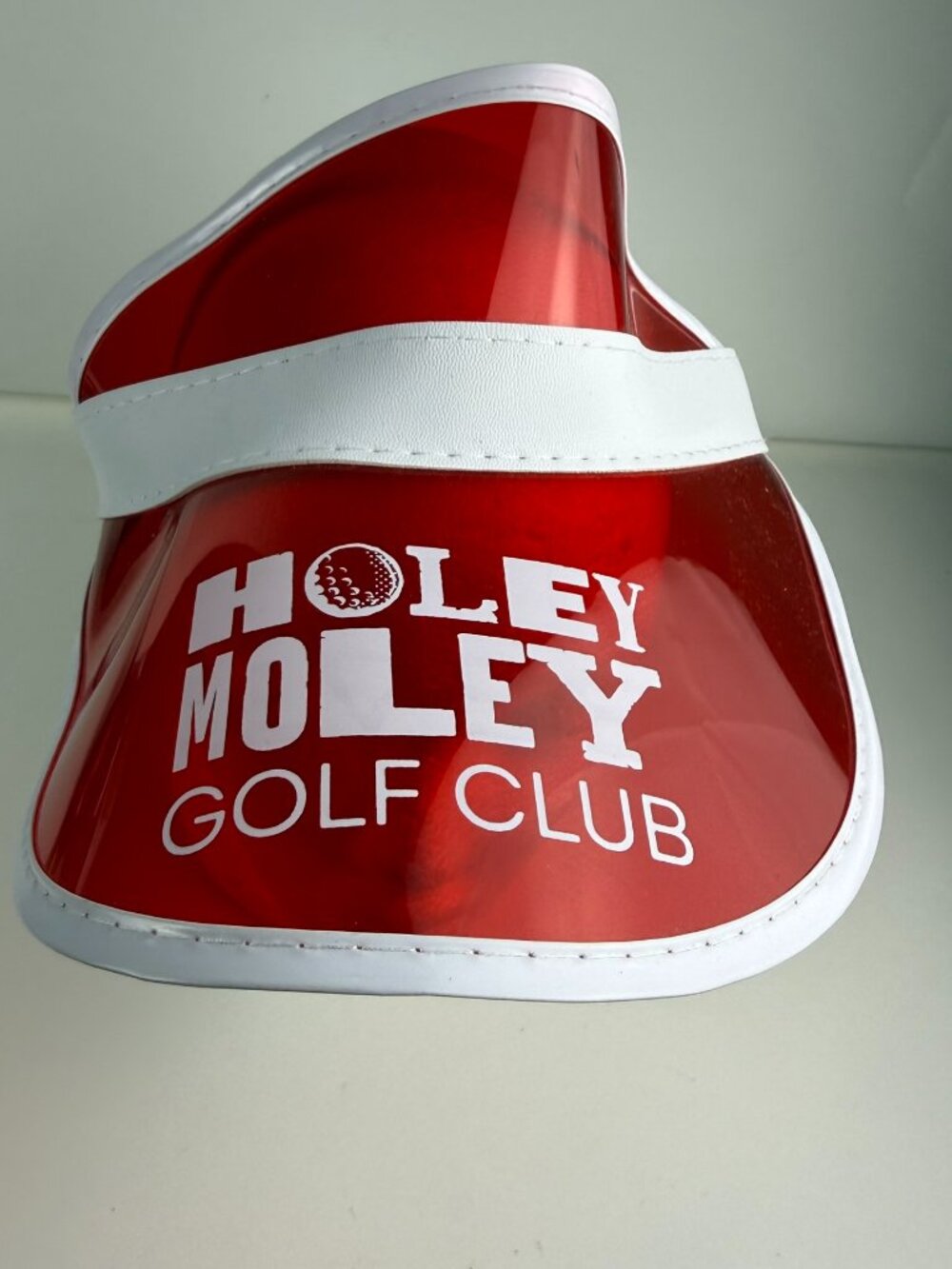 Holey Moley Golf Club Red Sun Visor Hat Translucent Clear Plastic Retro Novelty